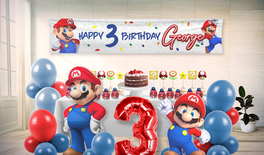 Birthday Kit (Super Mario) of Banners Cupcake Toppers Party Boxes Shaped Foamex