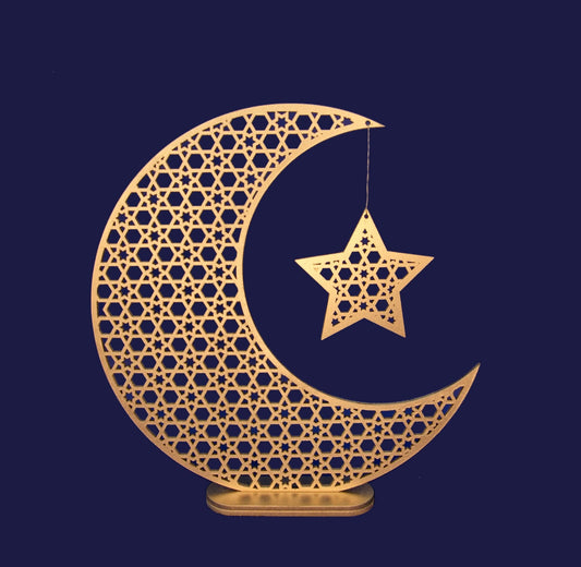 20CM MDF Laser cut Ramadan Moon Stand with Hanging Star Decor