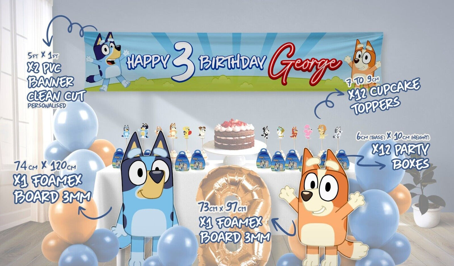 Birthday Kit (Bluey) of Banners Cupcake Toppers Party Boxes Shaped Foamex
