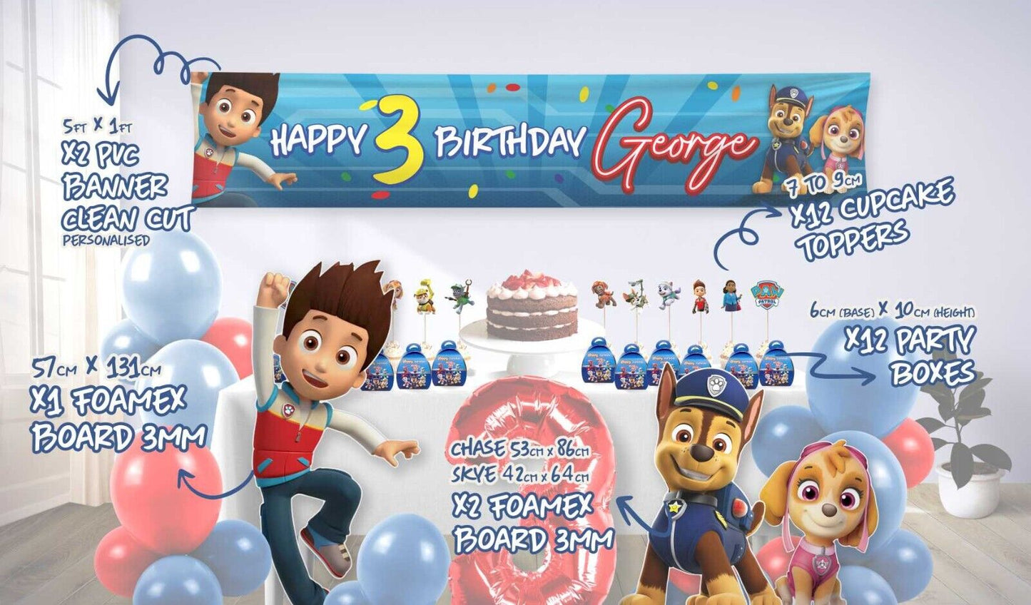 Birthday Kit (Paw Patrol) of Banners Cupcake Toppers Party Boxes Shaped Foamex
